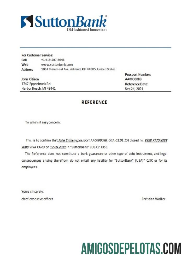 Referência de fechamento Sutton dos EUA exemplo real